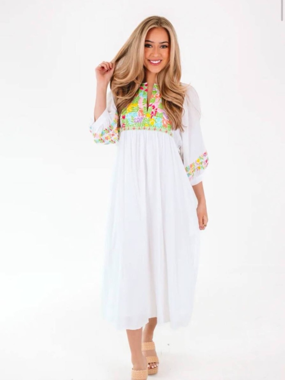 J.Marie Clarissa Midi Dress with colorful embroidery Size Small